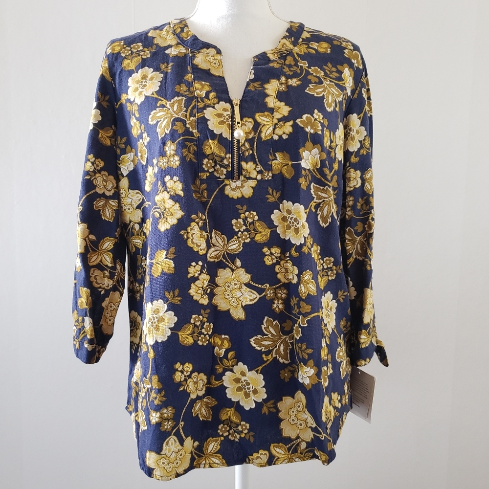 Ellen Tracy Linen Blend Tunic Top Floral Blue S